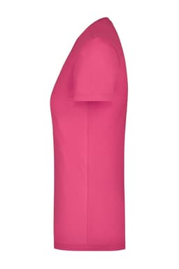 A pink ladies' stretch round T-shirt displayed from the side, featuring a fitted silhouette and short sleeves.
