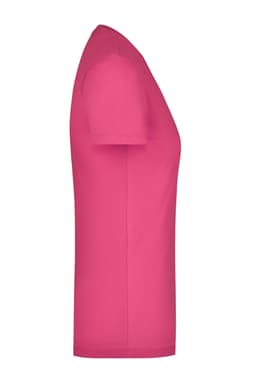 A pink short-sleeved t-shirt featuring a fitted design and a brand logo on the side.