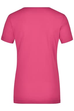 A pink ladies' stretch round T-shirt with a fitted design and short sleeves. The shirt has a plain back and includes a logo.