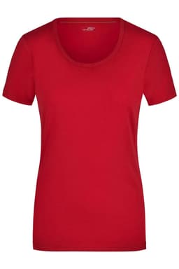 A red Ladies Stretch Round-T shirt with a scoop neck and short sleeves, featuring a logo on the label.