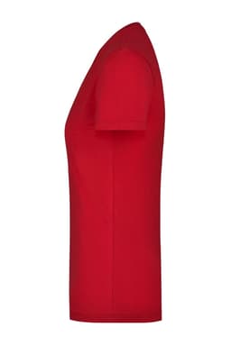 A red ladies' stretch round T-shirt displayed from the side, featuring short sleeves and a fitted silhouette.