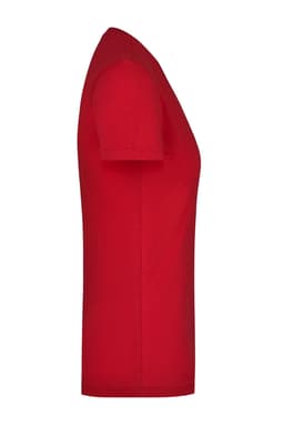 A red ladies stretch round T-shirt with short sleeves and a fitted design. The shirt features a logo.