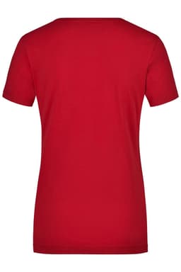 A red ladies' t-shirt with a round neck and short sleeves. It features a logo on the back.