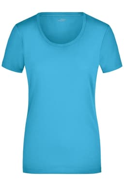 A turquoise ladies stretch round T-shirt featuring a scoop neckline and short sleeves, with a branding logo.