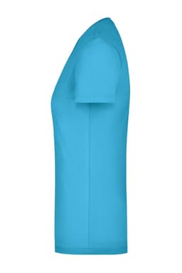 A turquoise ladies' t-shirt featuring a round neck and short sleeves, with a simple design and a logo present.