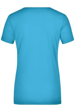 A turquoise ladies' stretch round T-shirt with a fitted design and short sleeves. The back view shows a plain style.