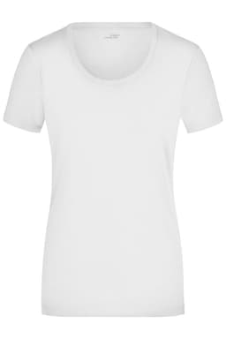 A white ladies' t-shirt with a round neck and short sleeves. The shirt has a logo on it.