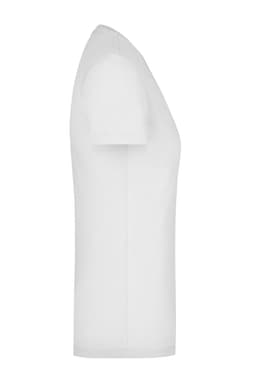 A white ladies' stretch round T-shirt displayed from the side, featuring short sleeves and a fitted silhouette.