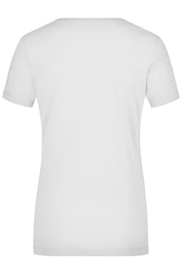 A white ladies' stretch round T-shirt with a fitted design and short sleeves, featuring a logo on the back.
