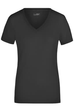 A black ladies' stretch V-neck T-shirt with short sleeves and a branding logo.