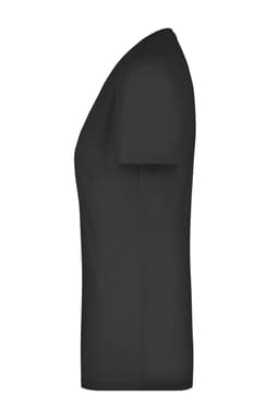 A black ladies' stretch V-T shirt in a side view, featuring a fitted design and short sleeves.