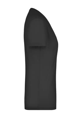 A black ladies' stretch V-neck t-shirt with short sleeves, featuring a simple design and a logo.