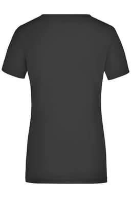 A black ladies' T-shirt featuring a V-neck and short sleeves, with a logo on the back.