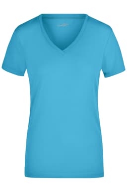 A ladies' turquoise stretch V-neck T-shirt with short sleeves. The shirt features a logo.