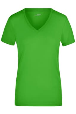 A green ladies' stretch V-neck T-shirt with short sleeves and a fitted design. It features a logo on the label.