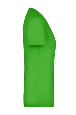 A green ladies' stretch V-T shirt displayed from the side, featuring a smooth, fitted design.