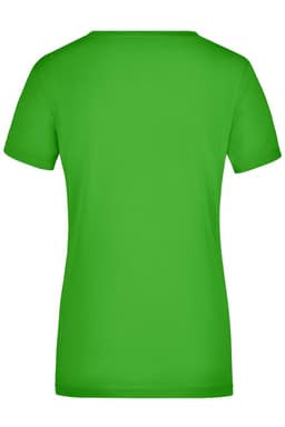 A green ladies' stretch V-neck t-shirt featuring a fitted style and short sleeves, with a logo on the back.