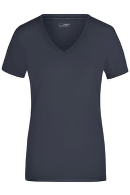 A navy ladies' stretch V-T-shirt with a V-neck and short sleeves, featuring a logo.