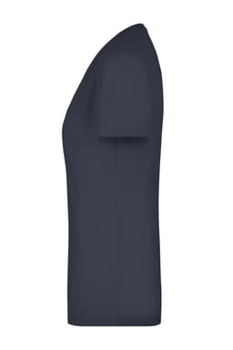A navy blue ladies' t-shirt with a V-neck and short sleeves, featuring a logo on the side.
