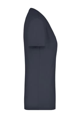 A navy ladies' stretch V-neck t-shirt with a fitted silhouette and short sleeves. It features a logo on the side.