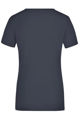 A dark navy ladies' stretch V-neck t-shirt with short sleeves and a fitted design. The back view is featured.
