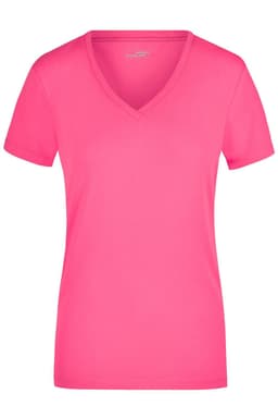 A pink ladies' stretch V-neck T-shirt with short sleeves and a fitted design. It features a logo.