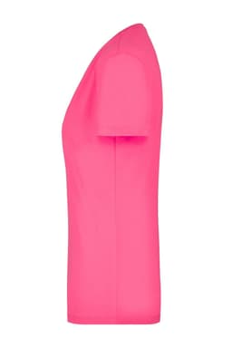 A pink women's V-neck t-shirt displayed from the side, featuring a fitted design and short sleeves.