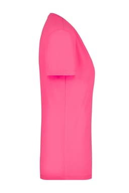 A vibrant pink ladies' t-shirt with short sleeves and a V-neck design. Features a small logo.