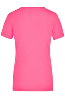 A pink ladies' V-neck t-shirt with a short sleeve design. The shirt features a branding logo.