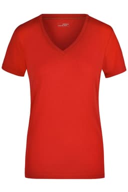 A red ladies' stretch V-neck t-shirt with short sleeves and a simple design, featuring a logo.