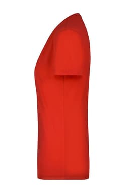 A red ladies' stretch V-neck T-shirt displayed from the side, featuring a fitted silhouette and short sleeves.