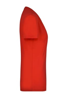 A red V-neck T-shirt with short sleeves, displayed from the side. It features a logo on the upper part.