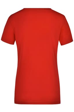 A red ladies' short sleeve V-neck t-shirt featuring a fitted design and no visible logos.