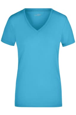 A ladies' short-sleeve V-neck t-shirt in bright blue, featuring a logo on the neckline.