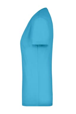A blue ladies' stretch V-neck t-shirt displayed from the side, featuring a fitted silhouette and a logo.