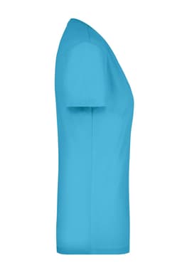 A side view of a ladies' stretch V-neck t-shirt in a vibrant aqua blue colour, featuring a smooth finish and fitted style.