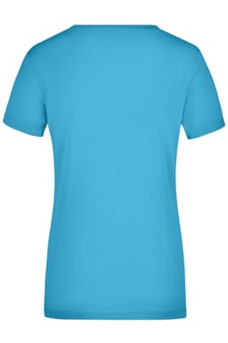 A blue ladies' V-neck T-shirt featuring a fitted design and short sleeves, with a logo on the back.