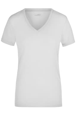 A white Ladies Stretch V-T shirt with short sleeves and a V-neck. The shirt features a logo.