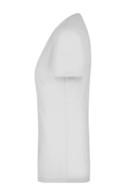 A white ladies' stretch V-neck T-shirt with a sleek, fitted design. It features a logo on the garment.