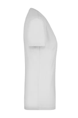 A white ladies' V-neck T-shirt with a fitted design, featuring a slight stretch and a plain profile.