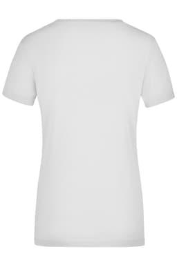 A white Ladies Stretch V-T shirt featuring a fitted design and short sleeves. The back view highlights its simple style.