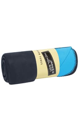 A rolled Bonded Fleece Blanket featuring a navy blue and aqua blue colour scheme, with a logo visible on the packaging.