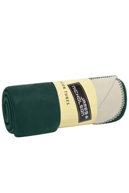 A rolled green and cream bonded fleece blanket with a stitched edge and a visible branding label.