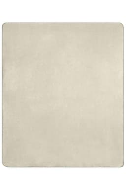 A beige bonded fleece blanket with a smooth texture and contrasting stitching around the edges. It has a logo.