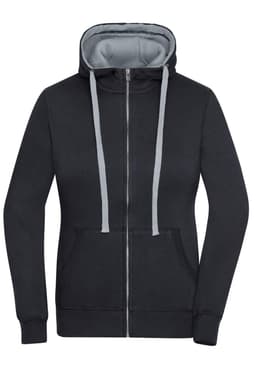 A black zip-up hoodie with a grey interior and grey drawstrings, featuring a front pocket and a logo.