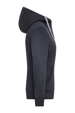A ladies' zip hoodie in navy blue with a grey hood and a front pocket, featuring a logo.
