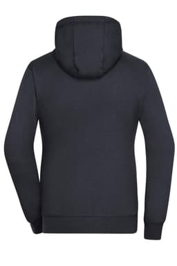 A black zip-up hoodie with a hood, featuring long sleeves and a back view. It includes a logo on the fabric.