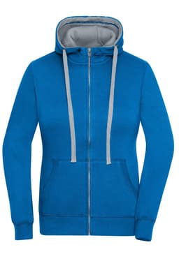 A blue zip-up hoodie with a grey-lined hood and grey drawstrings, featuring a front pocket and a branding logo.
