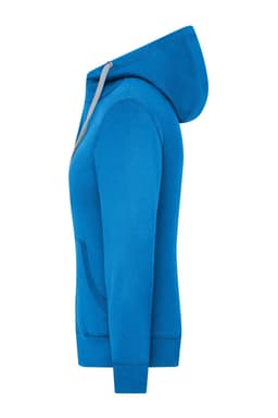 A blue zip hoodie featuring a hood and front pockets, with a logo on the side.
