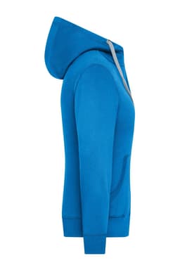 A blue ladies' zip-hoodie with a hood, featuring a front pocket and a sleek, fitted design.